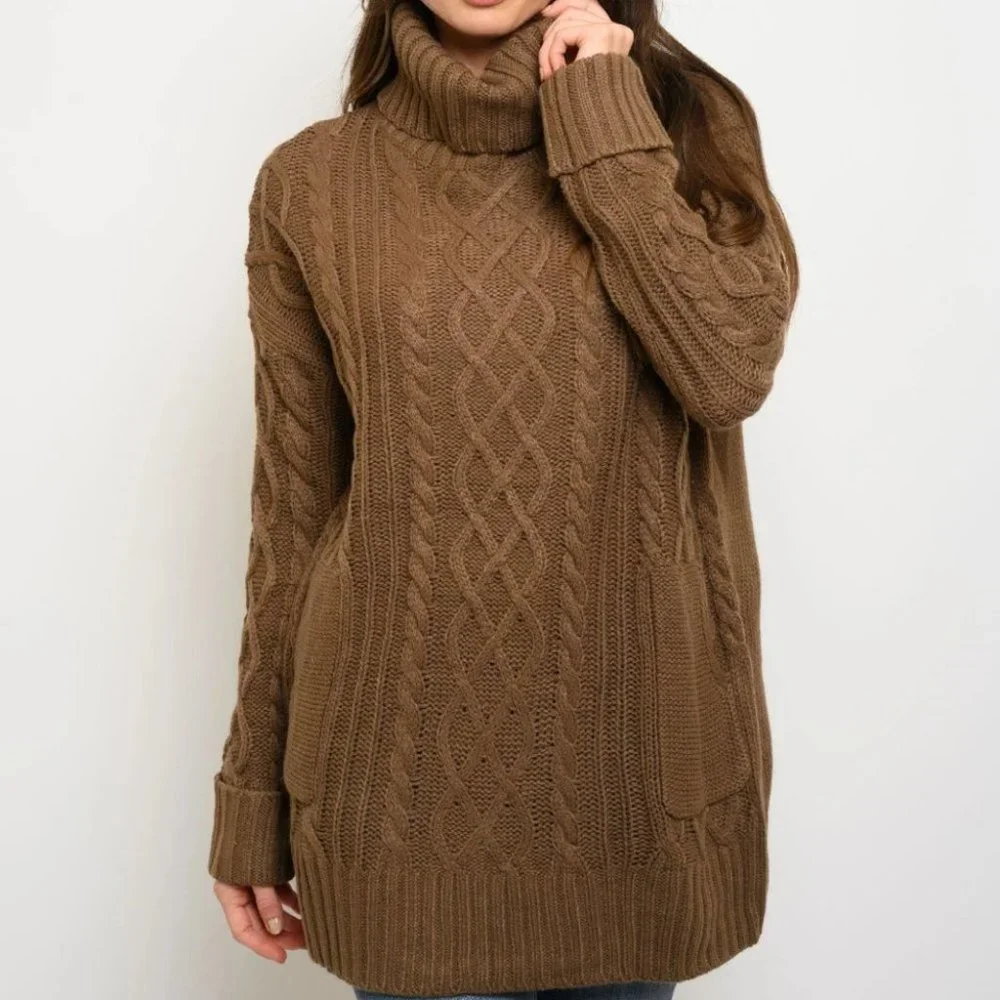 WOMEN'S LONG SLEEVE KNIT TURTLE NECK POCKETS SWEAT - Picture 1 of 4